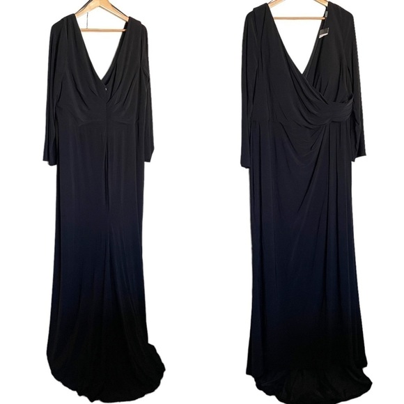 La Femme Ruched Jersey Column Gown with Leg Slit Black 24 - Picture 2 of 12